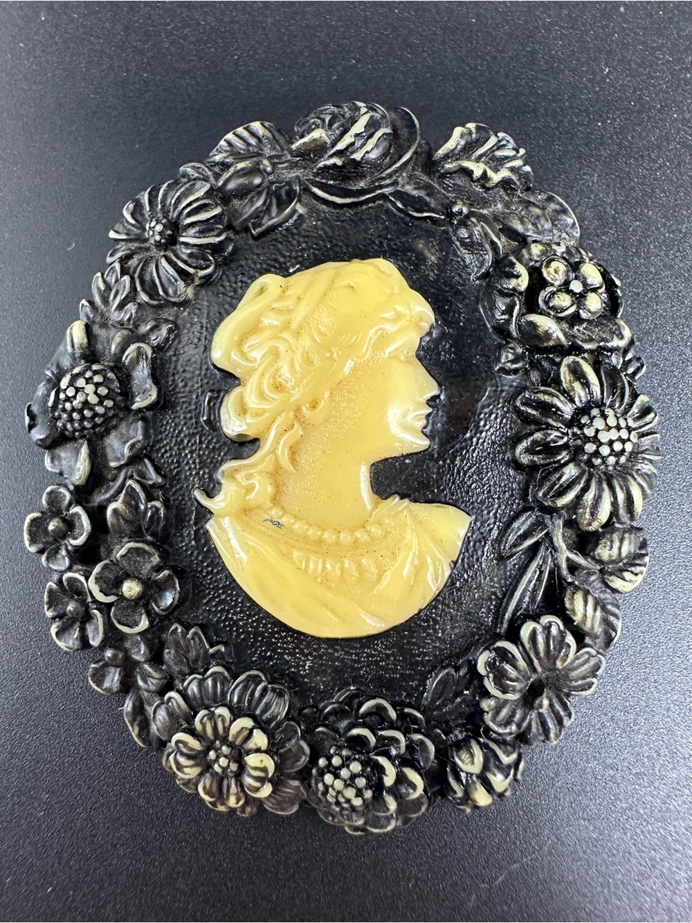 Celluloid Cameo Brooch with Black Floral Frame Japan